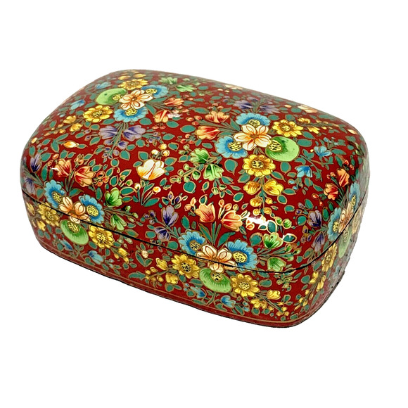 Lacquered Trinket Keepsake Jewelry Box Ethnic Crafts Multicolor Kashimiri Floral - Picture 2 of 10